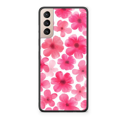 Θήκη Samsung Galaxy S21+ Pink Watercolour Flowers on White από τη Smartfits με σχέδιο στο πίσω μέρος και μαύρο περίβλημα | Samsung Galaxy S21+ Pink Watercolour Flowers on White case with colorful back and black bezels