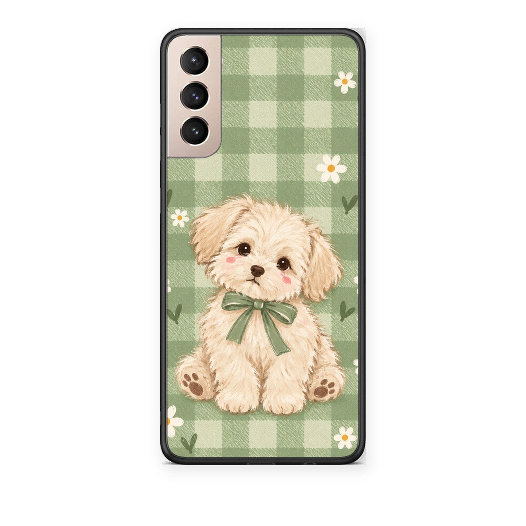 Θήκη Samsung Galaxy S21+ Puppy and Daisies on Sage Gingham από τη Smartfits με σχέδιο στο πίσω μέρος και μαύρο περίβλημα | Samsung Galaxy S21+ Puppy and Daisies on Sage Gingham case with colorful back and black bezels