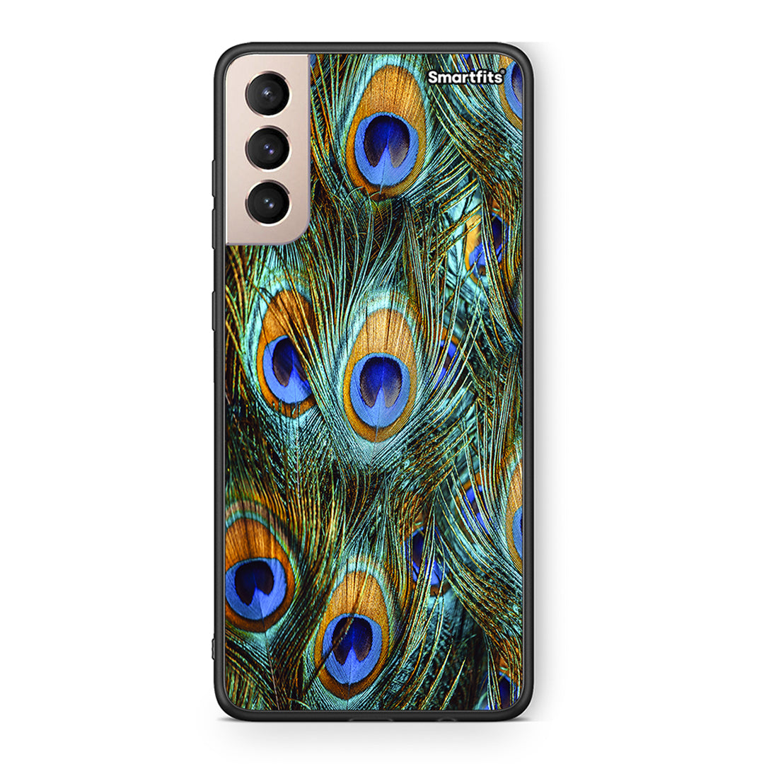 Samsung S21+ Real Peacock Feathers θήκη από τη Smartfits με σχέδιο στο πίσω μέρος και μαύρο περίβλημα | Smartphone case with colorful back and black bezels by Smartfits