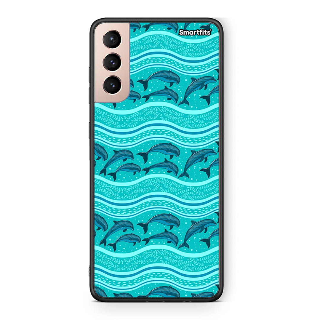 Samsung S21+ Swimming Dolphins θήκη από τη Smartfits με σχέδιο στο πίσω μέρος και μαύρο περίβλημα | Smartphone case with colorful back and black bezels by Smartfits