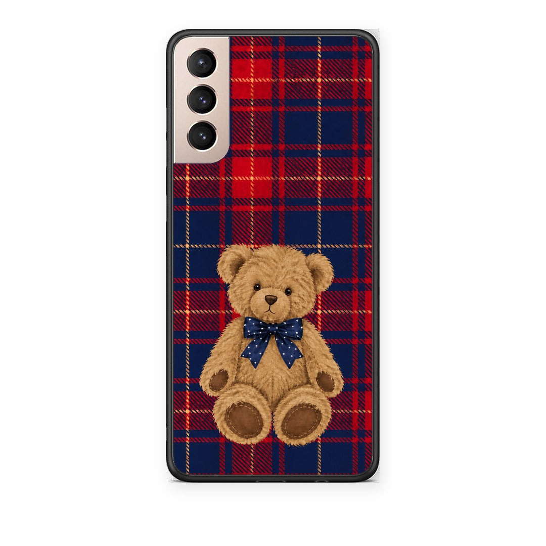 Θήκη Samsung Galaxy S21+ Teddy Bear on Red and Navy Tartan από τη Smartfits με σχέδιο στο πίσω μέρος και μαύρο περίβλημα | Samsung Galaxy S21+ Teddy Bear on Red and Navy Tartan case with colorful back and black bezels