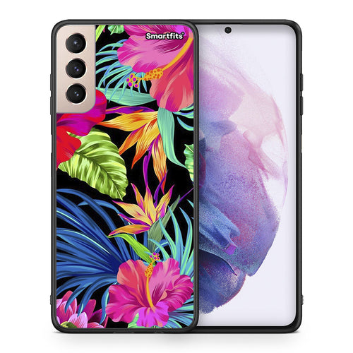 Θήκη Samsung S21+ Tropical Flowers από τη Smartfits με σχέδιο στο πίσω μέρος και μαύρο περίβλημα | Samsung S21+ Tropical Flowers case with colorful back and black bezels