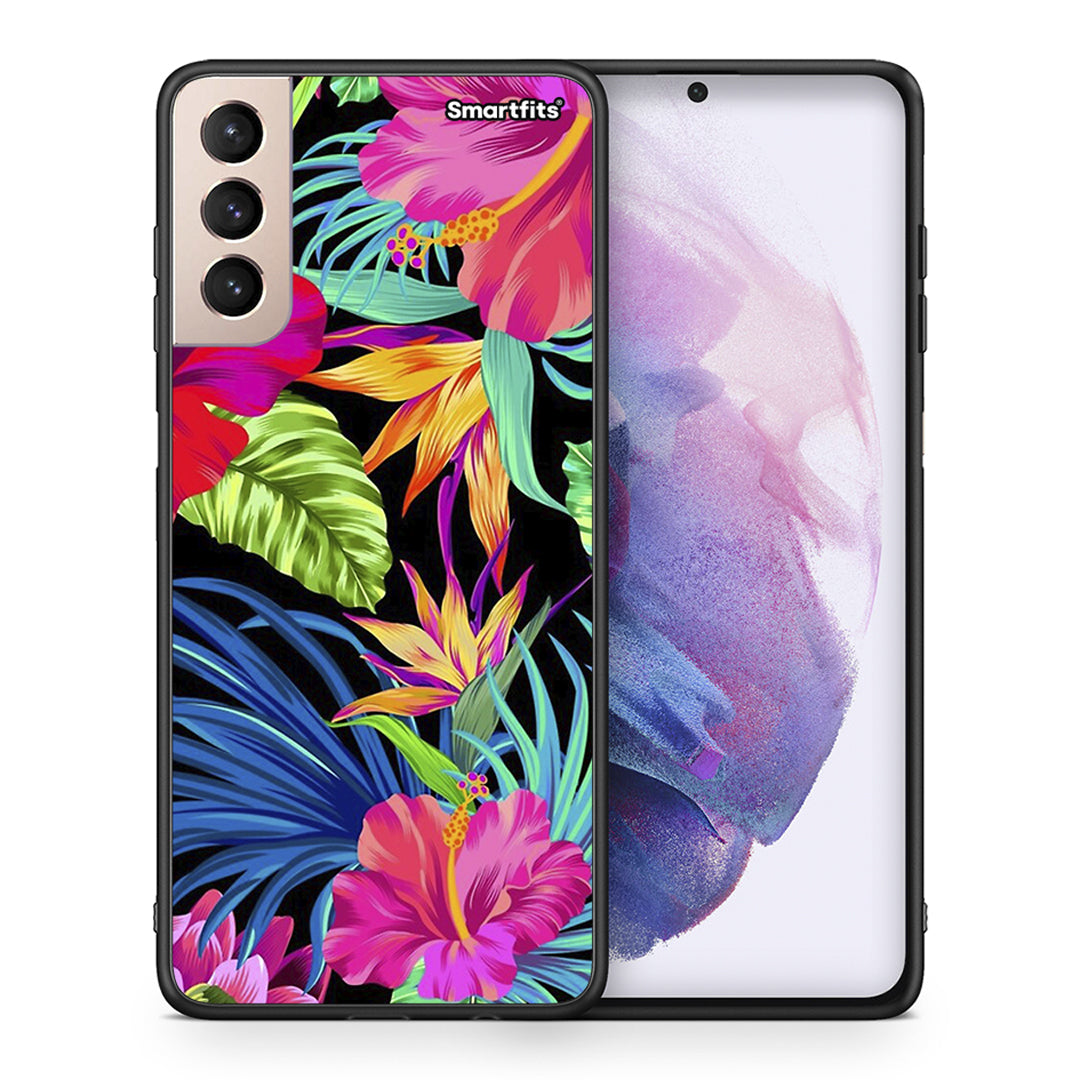 Θήκη Samsung S21+ Tropical Flowers από τη Smartfits με σχέδιο στο πίσω μέρος και μαύρο περίβλημα | Samsung S21+ Tropical Flowers case with colorful back and black bezels