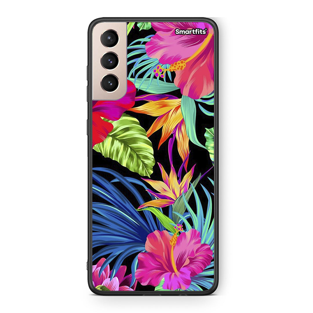 Samsung S21+ Tropical Flowers θήκη από τη Smartfits με σχέδιο στο πίσω μέρος και μαύρο περίβλημα | Smartphone case with colorful back and black bezels by Smartfits
