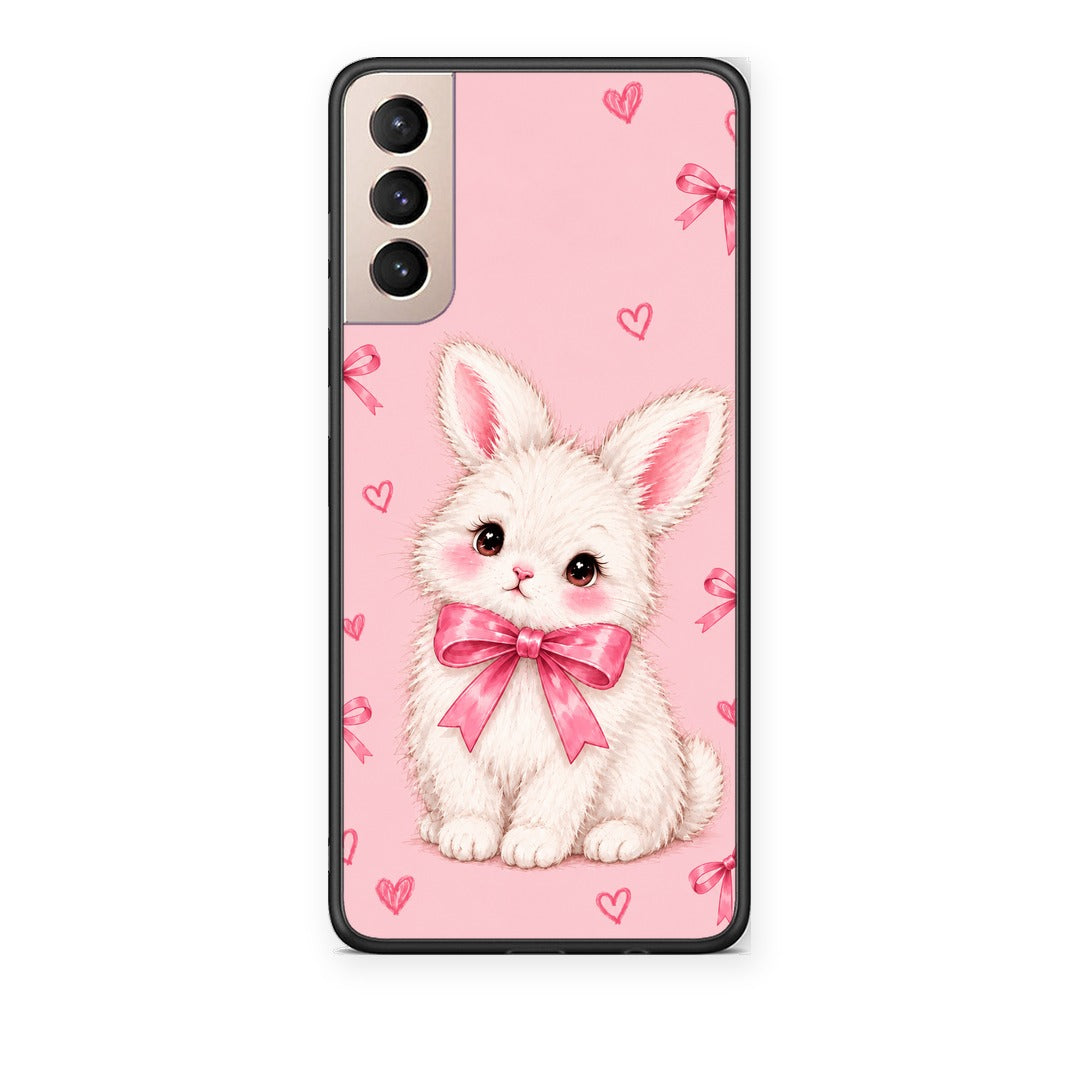 Θήκη Samsung Galaxy S21+ White Bunny and Pink Bows από τη Smartfits με σχέδιο στο πίσω μέρος και μαύρο περίβλημα | Samsung Galaxy S21+ White Bunny and Pink Bows case with colorful back and black bezels