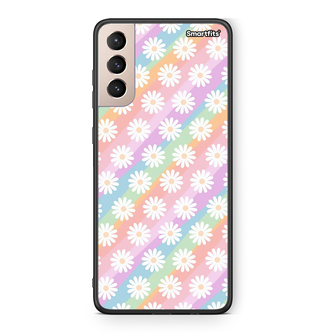 Samsung S21+ White Daisies θήκη από τη Smartfits με σχέδιο στο πίσω μέρος και μαύρο περίβλημα | Smartphone case with colorful back and black bezels by Smartfits
