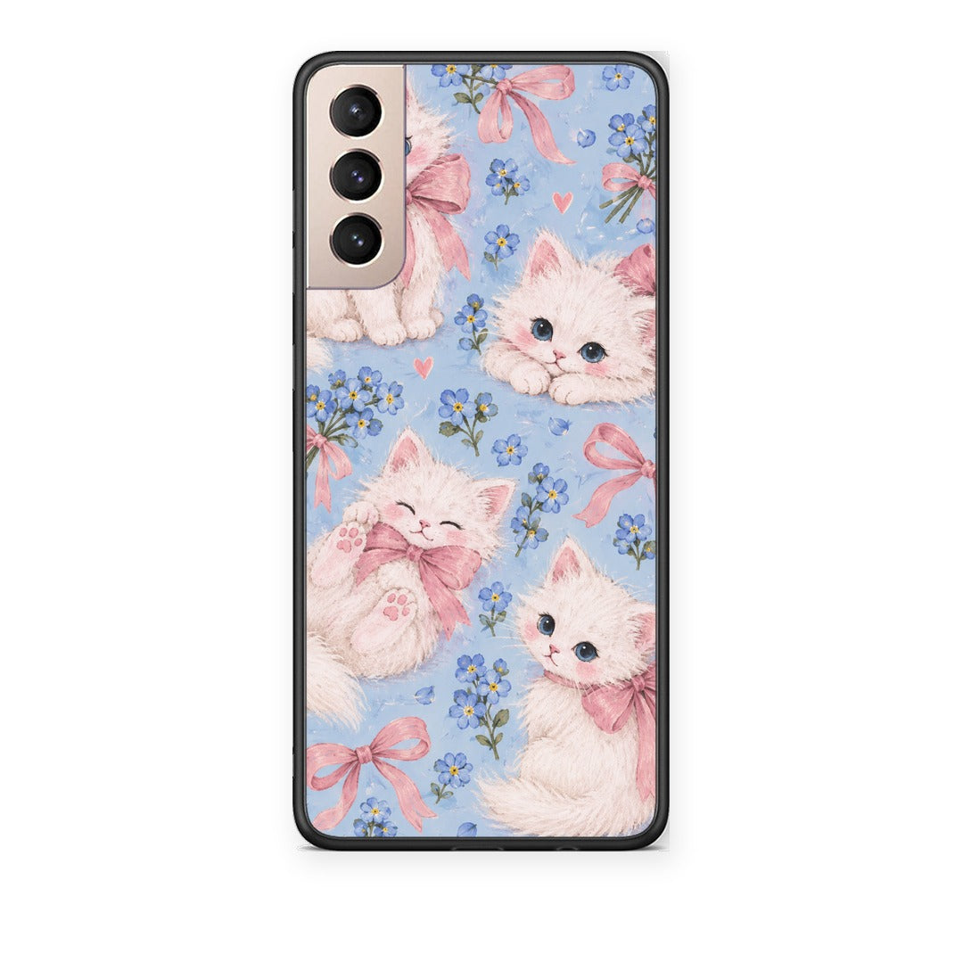 Θήκη Samsung Galaxy S21+ White Kittens and Blue Flowers Large από τη Smartfits με σχέδιο στο πίσω μέρος και μαύρο περίβλημα | Samsung Galaxy S21+ White Kittens and Blue Flowers Large case with colorful back and black bezels