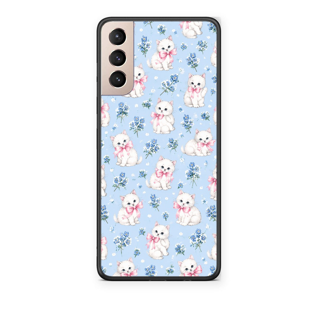 Θήκη Samsung Galaxy S21+ White Kittens and Blue Flowers Small από τη Smartfits με σχέδιο στο πίσω μέρος και μαύρο περίβλημα | Samsung Galaxy S21+ White Kittens and Blue Flowers Small case with colorful back and black bezels