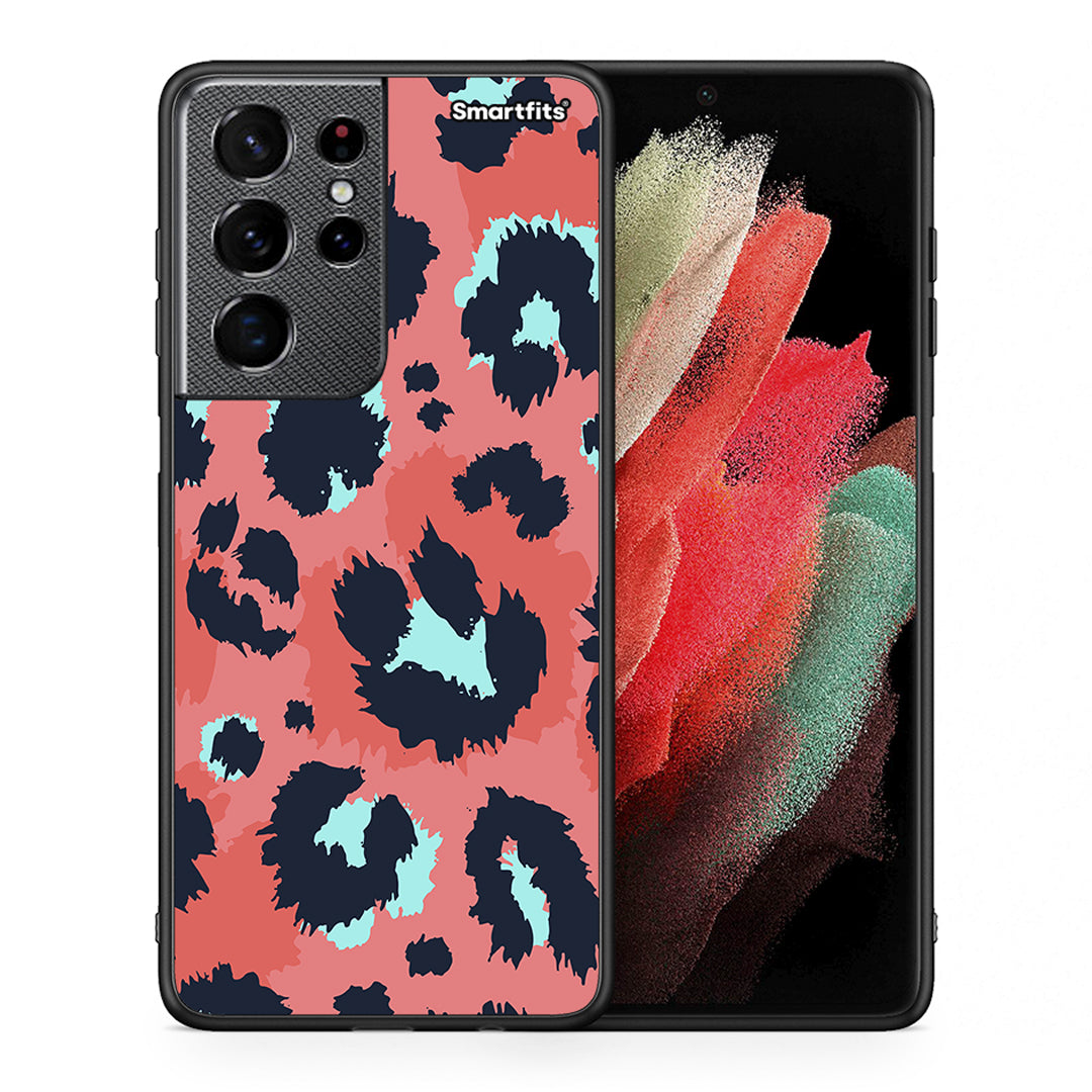Θήκη Samsung S21 Ultra Pink Leopard Animal από τη Smartfits με σχέδιο στο πίσω μέρος και μαύρο περίβλημα | Samsung S21 Ultra Pink Leopard Animal case with colorful back and black bezels