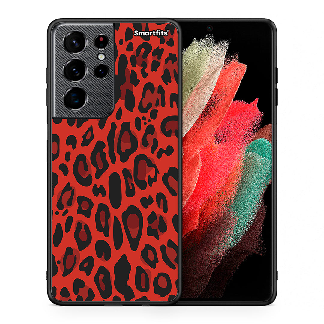 Θήκη Samsung S21 Ultra Red Leopard Animal από τη Smartfits με σχέδιο στο πίσω μέρος και μαύρο περίβλημα | Samsung S21 Ultra Red Leopard Animal case with colorful back and black bezels