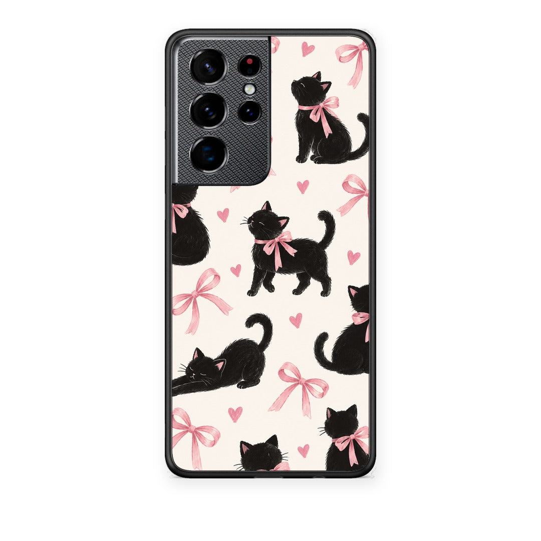 Θήκη Samsung Galaxy S21 Ultra Black Kittens and Pink Bows on Cream Large από τη Smartfits με σχέδιο στο πίσω μέρος και μαύρο περίβλημα | Samsung Galaxy S21 Ultra Black Kittens and Pink Bows on Cream Large case with colorful back and black bezels
