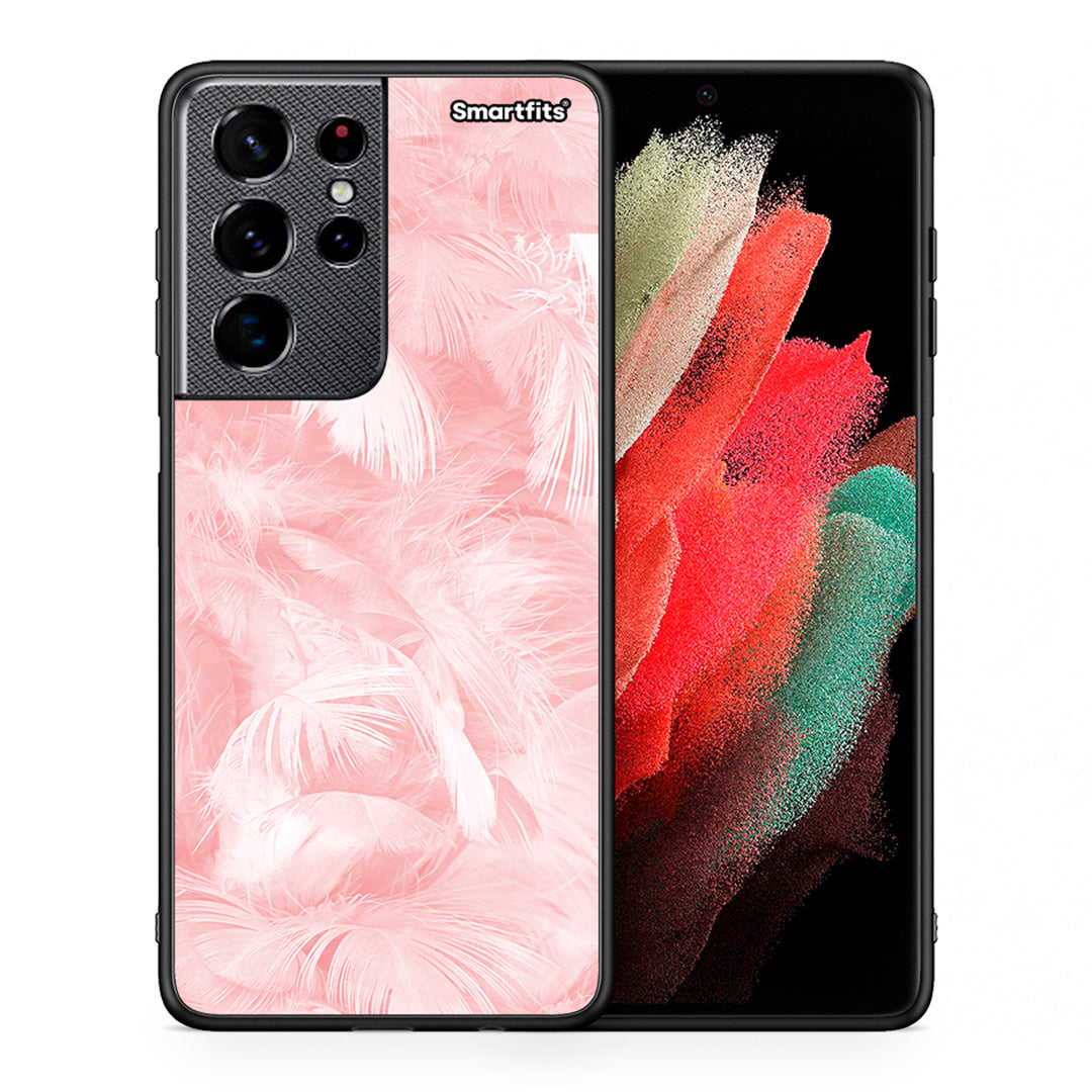 Θήκη Samsung S21 Ultra Pink Feather Boho από τη Smartfits με σχέδιο στο πίσω μέρος και μαύρο περίβλημα | Samsung S21 Ultra Pink Feather Boho case with colorful back and black bezels