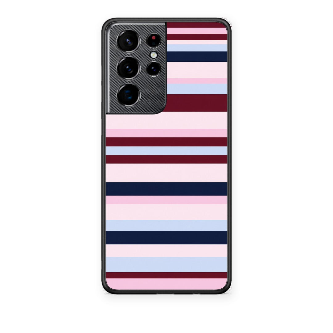 Θήκη Samsung Galaxy S21 Ultra Burgundy Pink and Blue Horizontal Stripes από τη Smartfits με σχέδιο στο πίσω μέρος και μαύρο περίβλημα | Samsung Galaxy S21 Ultra Burgundy Pink and Blue Horizontal Stripes case with colorful back and black bezels