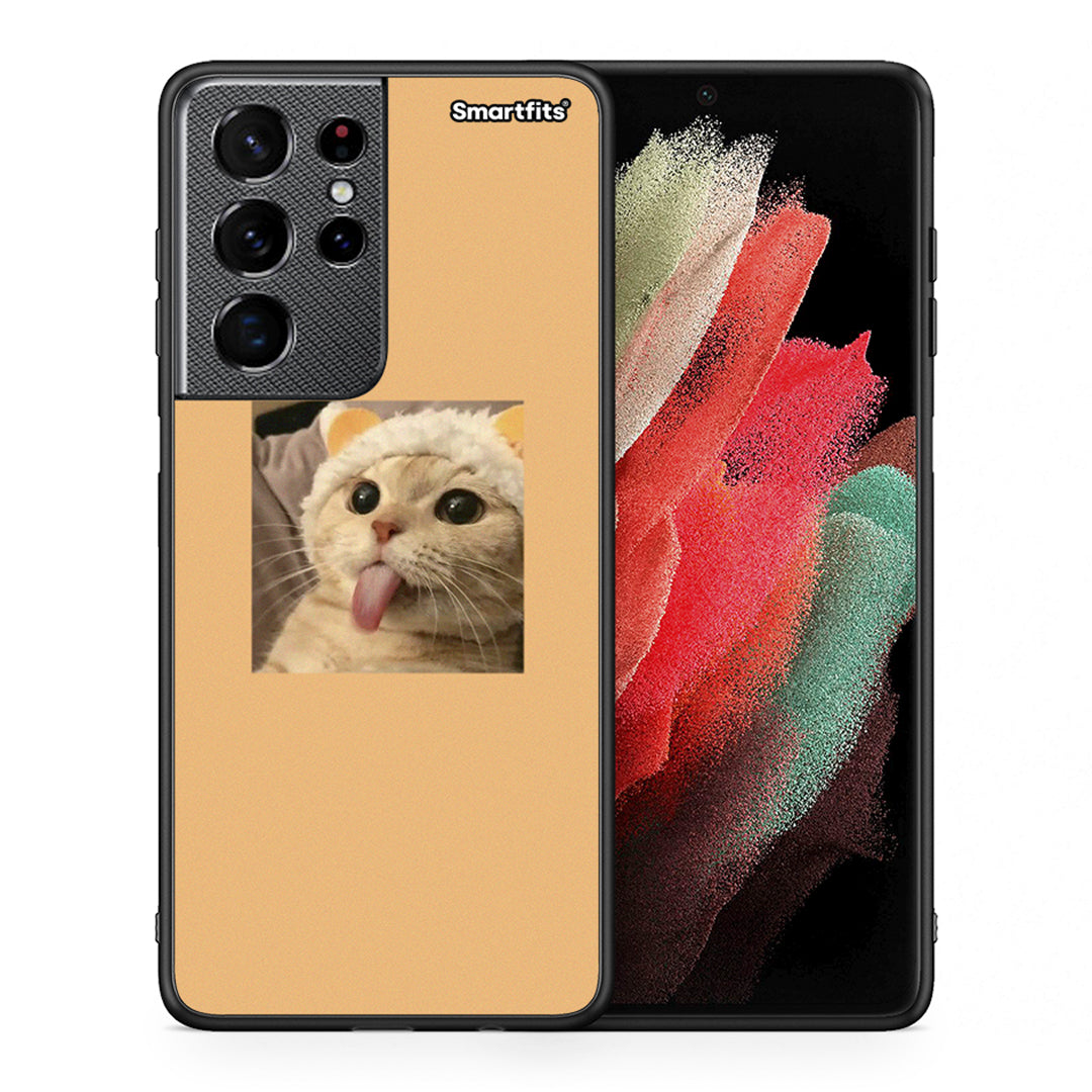 Θήκη Samsung S21 Ultra Cat Tongue από τη Smartfits με σχέδιο στο πίσω μέρος και μαύρο περίβλημα | Samsung S21 Ultra Cat Tongue case with colorful back and black bezels