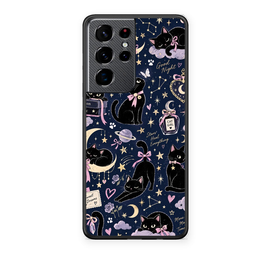 Θήκη Samsung Galaxy S21 Ultra Celestial Black Cats on Navy από τη Smartfits με σχέδιο στο πίσω μέρος και μαύρο περίβλημα | Samsung Galaxy S21 Ultra Celestial Black Cats on Navy case with colorful back and black bezels