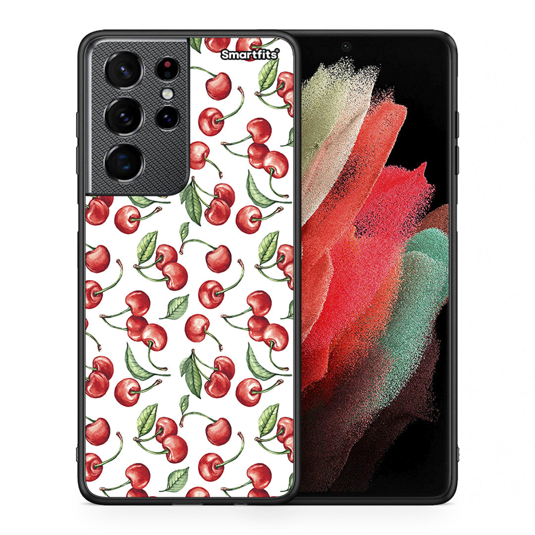 Θήκη Samsung S21 Ultra Cherry Summer από τη Smartfits με σχέδιο στο πίσω μέρος και μαύρο περίβλημα | Samsung S21 Ultra Cherry Summer case with colorful back and black bezels