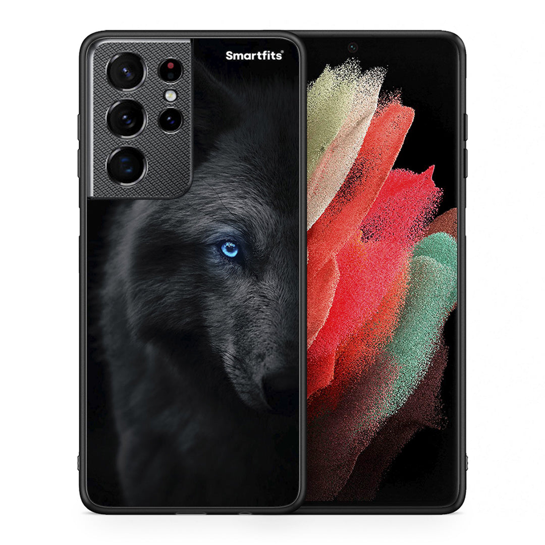 Θήκη Samsung S21 Ultra Dark Wolf από τη Smartfits με σχέδιο στο πίσω μέρος και μαύρο περίβλημα | Samsung S21 Ultra Dark Wolf case with colorful back and black bezels