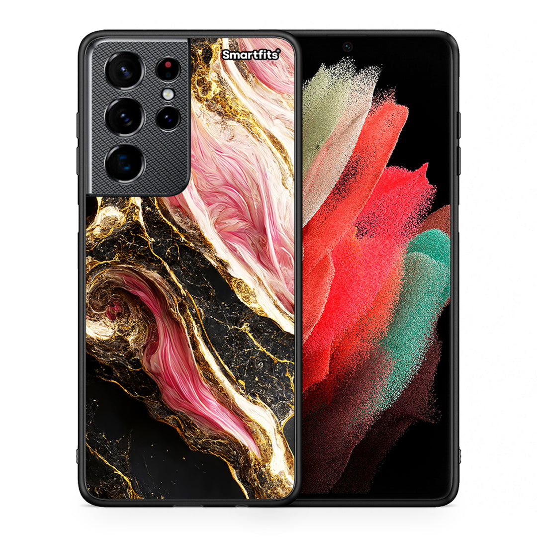 Θήκη Samsung S21 Ultra Glamorous Pink Marble από τη Smartfits με σχέδιο στο πίσω μέρος και μαύρο περίβλημα | Samsung S21 Ultra Glamorous Pink Marble case with colorful back and black bezels