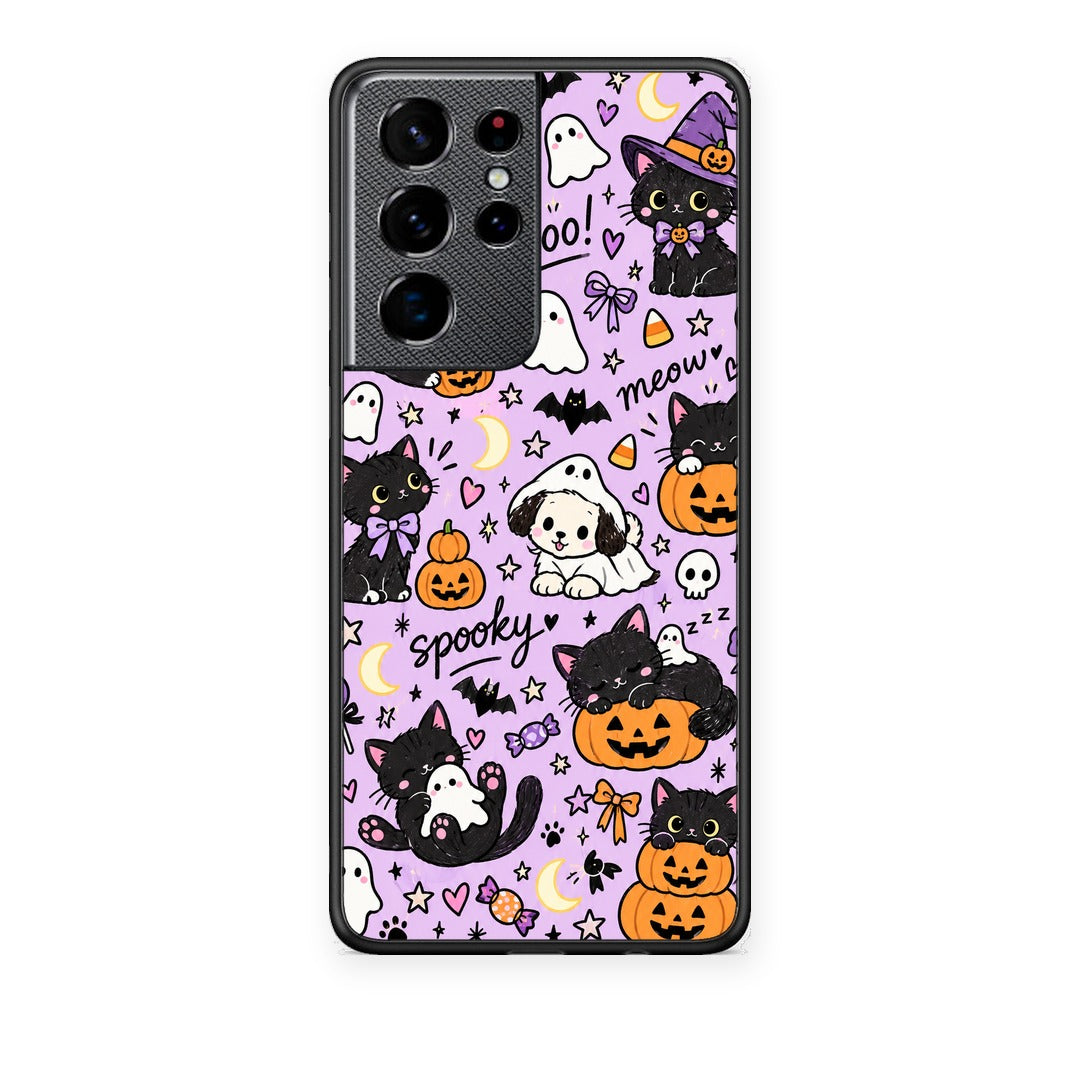 Θήκη Samsung Galaxy S21 Ultra Halloween Black Cats on Lilac από τη Smartfits με σχέδιο στο πίσω μέρος και μαύρο περίβλημα | Samsung Galaxy S21 Ultra Halloween Black Cats on Lilac case with colorful back and black bezels