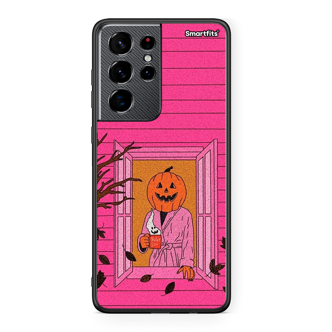 Samsung S21 Ultra Halloween Pumpkin Lady Θήκη από τη Smartfits με σχέδιο στο πίσω μέρος και μαύρο περίβλημα | Smartphone case with colorful back and black bezels by Smartfits