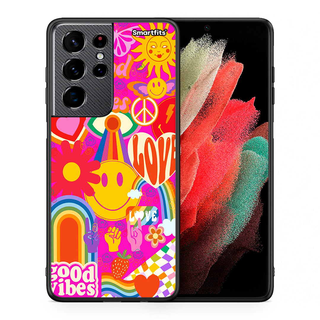 Θήκη Samsung S21 Ultra Hippie Love από τη Smartfits με σχέδιο στο πίσω μέρος και μαύρο περίβλημα | Samsung S21 Ultra Hippie Love case with colorful back and black bezels
