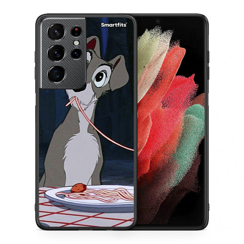 Θήκη Αγίου Βαλεντίνου Samsung S21 Ultra Lady And Tramp 1 από τη Smartfits με σχέδιο στο πίσω μέρος και μαύρο περίβλημα | Samsung S21 Ultra Lady And Tramp 1 case with colorful back and black bezels