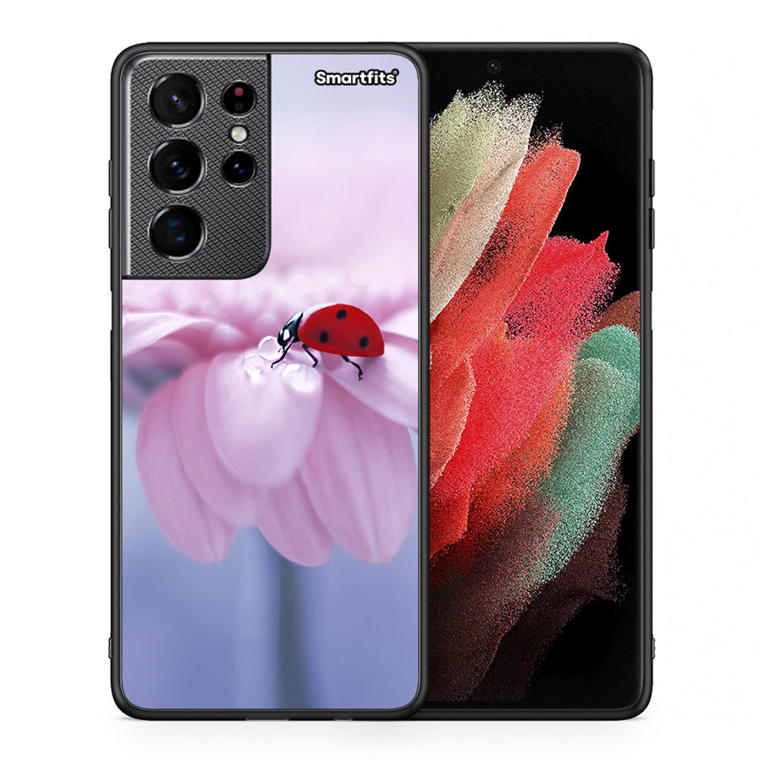 Θήκη Samsung S21 Ultra Ladybug Flower από τη Smartfits με σχέδιο στο πίσω μέρος και μαύρο περίβλημα | Samsung S21 Ultra Ladybug Flower case with colorful back and black bezels