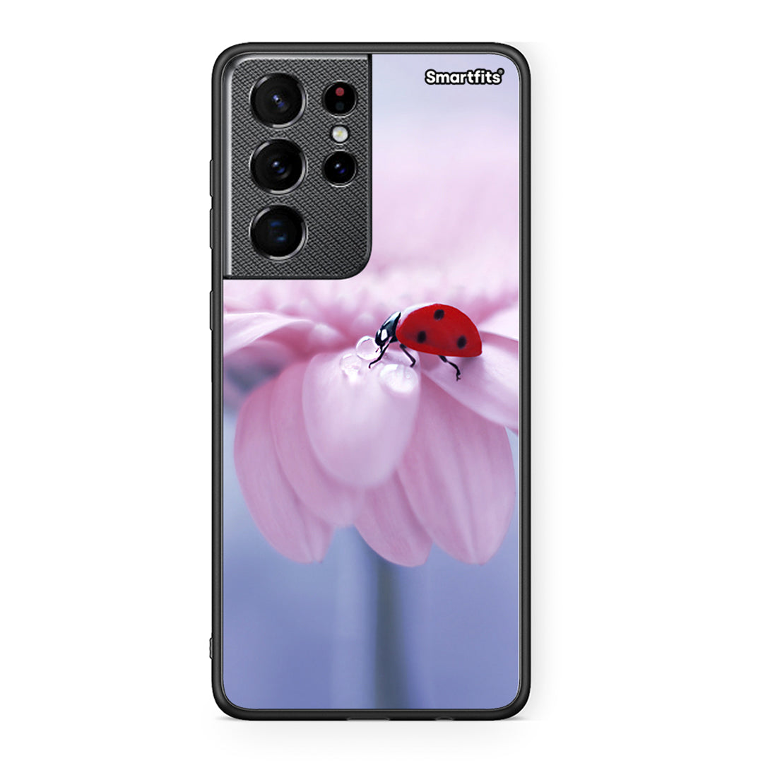 Samsung S21 Ultra Ladybug Flower θήκη από τη Smartfits με σχέδιο στο πίσω μέρος και μαύρο περίβλημα | Smartphone case with colorful back and black bezels by Smartfits