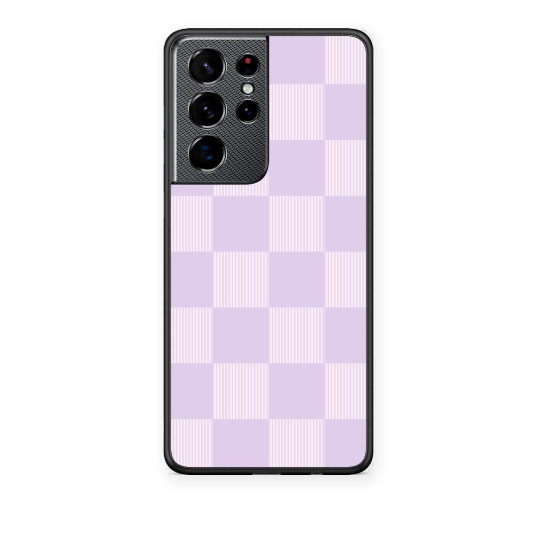 Θήκη Samsung Galaxy S21 Ultra Lilac and Cream Striped Checks από τη Smartfits με σχέδιο στο πίσω μέρος και μαύρο περίβλημα | Samsung Galaxy S21 Ultra Lilac and Cream Striped Checks case with colorful back and black bezels