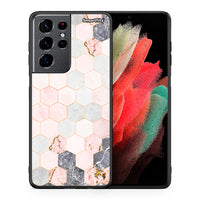 Thumbnail for Θήκη Samsung S21 Ultra Hexagon Pink Marble από τη Smartfits με σχέδιο στο πίσω μέρος και μαύρο περίβλημα | Samsung S21 Ultra Hexagon Pink Marble case with colorful back and black bezels