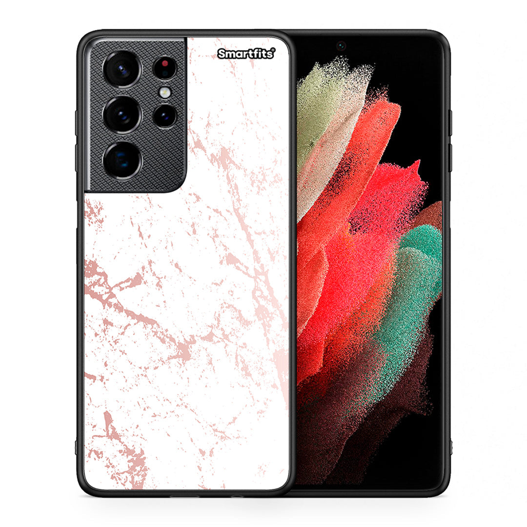 Θήκη Samsung S21 Ultra Pink Splash Marble από τη Smartfits με σχέδιο στο πίσω μέρος και μαύρο περίβλημα | Samsung S21 Ultra Pink Splash Marble case with colorful back and black bezels