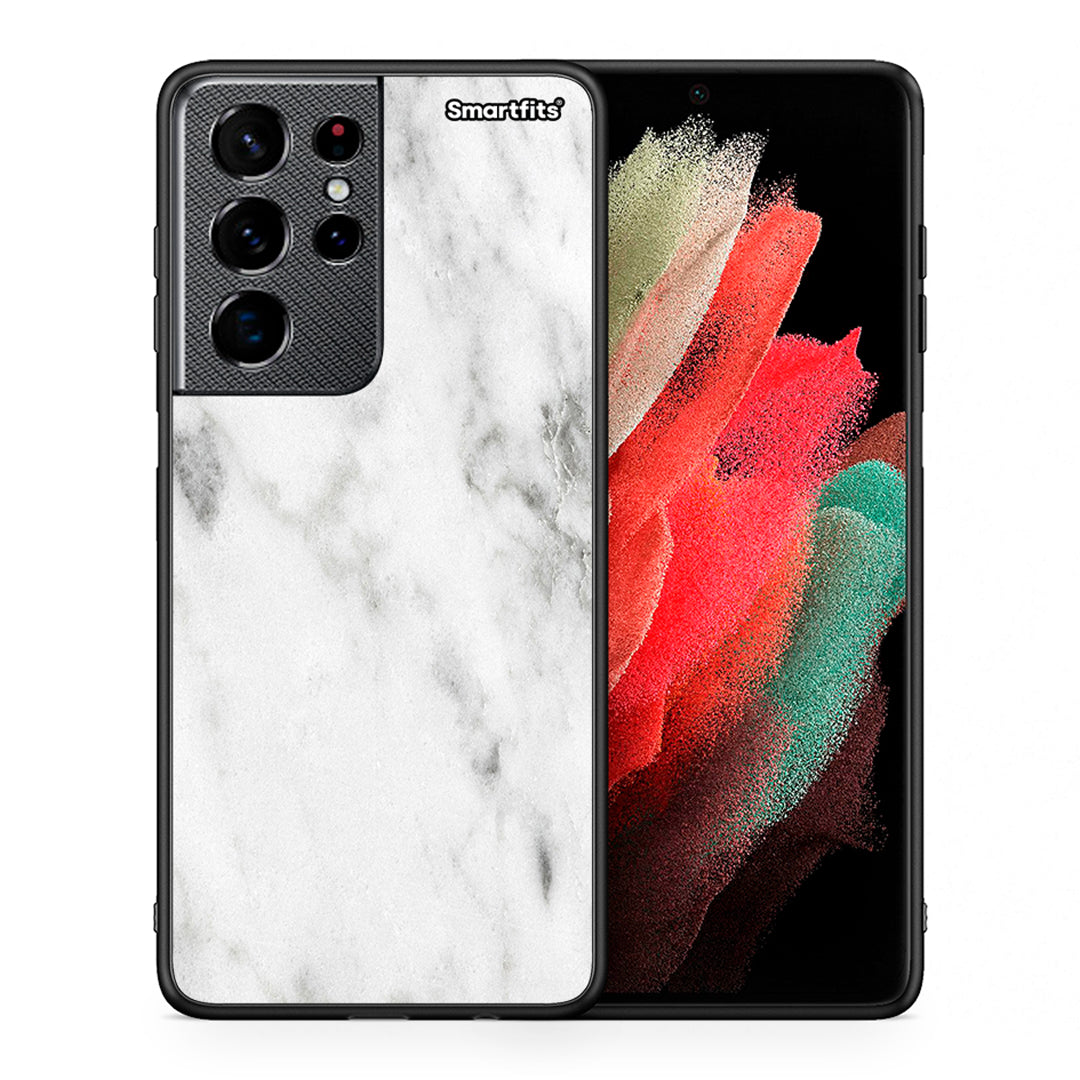 Θήκη Samsung S21 Ultra White Marble από τη Smartfits με σχέδιο στο πίσω μέρος και μαύρο περίβλημα | Samsung S21 Ultra White Marble case with colorful back and black bezels