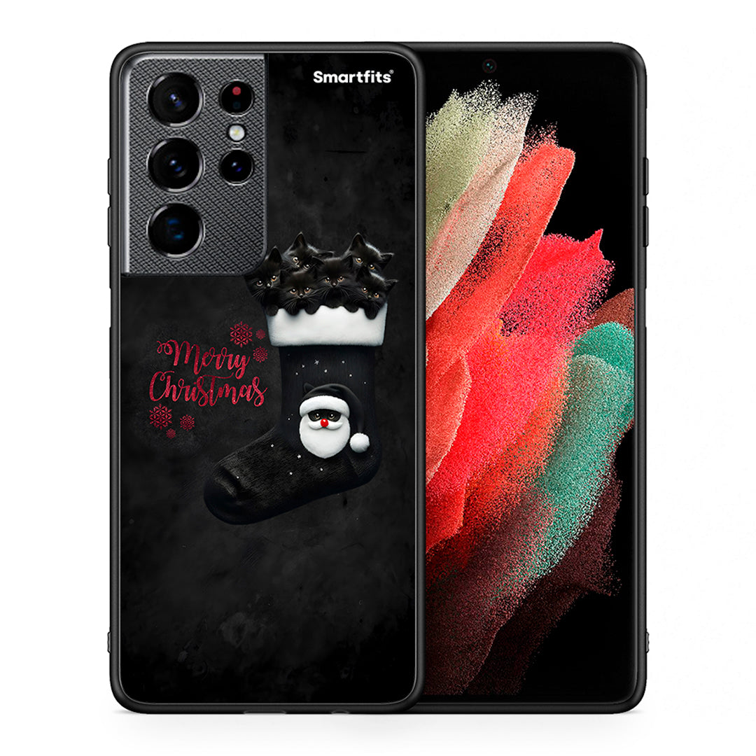 Θήκη Samsung S21 Ultra Merry Cat Christmas από τη Smartfits με σχέδιο στο πίσω μέρος και μαύρο περίβλημα | Samsung S21 Ultra Merry Cat Christmas case with colorful back and black bezels