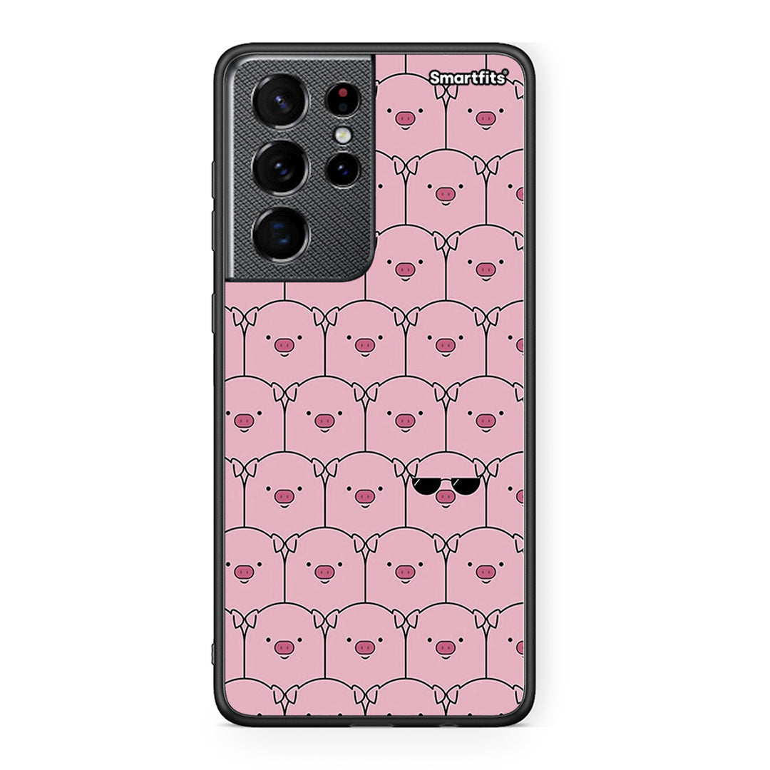 Samsung S21 Ultra Pig Glasses θήκη από τη Smartfits με σχέδιο στο πίσω μέρος και μαύρο περίβλημα | Smartphone case with colorful back and black bezels by Smartfits