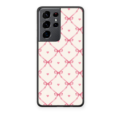 Θήκη Samsung Galaxy S21 Ultra Pink Bow Lattice and Hearts on Cream από τη Smartfits με σχέδιο στο πίσω μέρος και μαύρο περίβλημα | Samsung Galaxy S21 Ultra Pink Bow Lattice and Hearts on Cream case with colorful back and black bezels