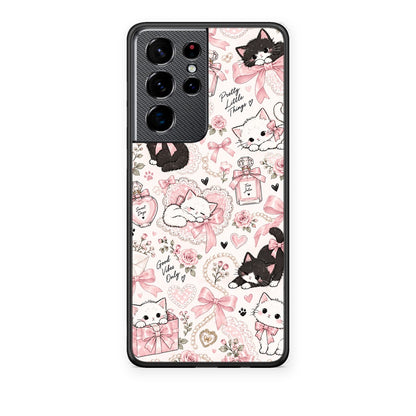 Θήκη Samsung Galaxy S21 Ultra Pink Bows and Kittens Collage από τη Smartfits με σχέδιο στο πίσω μέρος και μαύρο περίβλημα | Samsung Galaxy S21 Ultra Pink Bows and Kittens Collage case with colorful back and black bezels