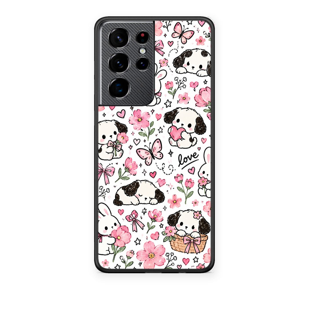 Θήκη Samsung Galaxy S21 Ultra Pink Florals Puppies and Bunnies on White από τη Smartfits με σχέδιο στο πίσω μέρος και μαύρο περίβλημα | Samsung Galaxy S21 Ultra Pink Florals Puppies and Bunnies on White case with colorful back and black bezels