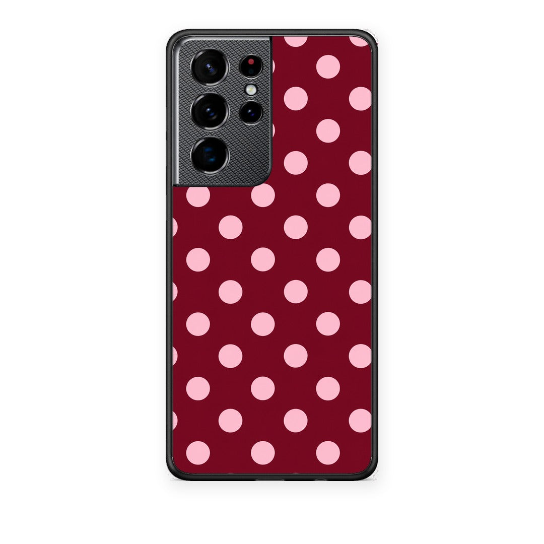 Θήκη Samsung Galaxy S21 Ultra Pink Polka Dots on Burgundy από τη Smartfits με σχέδιο στο πίσω μέρος και μαύρο περίβλημα | Samsung Galaxy S21 Ultra Pink Polka Dots on Burgundy case with colorful back and black bezels