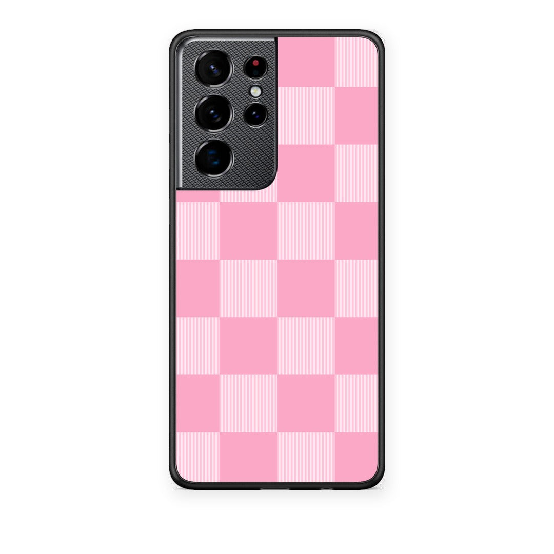 Θήκη Samsung Galaxy S21 Ultra Pink and White Striped Checks από τη Smartfits με σχέδιο στο πίσω μέρος και μαύρο περίβλημα | Samsung Galaxy S21 Ultra Pink and White Striped Checks case with colorful back and black bezels
