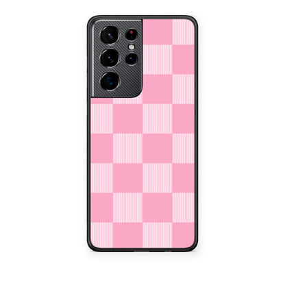 Θήκη Samsung Galaxy S21 Ultra Pink and White Striped Checks από τη Smartfits με σχέδιο στο πίσω μέρος και μαύρο περίβλημα | Samsung Galaxy S21 Ultra Pink and White Striped Checks case with colorful back and black bezels