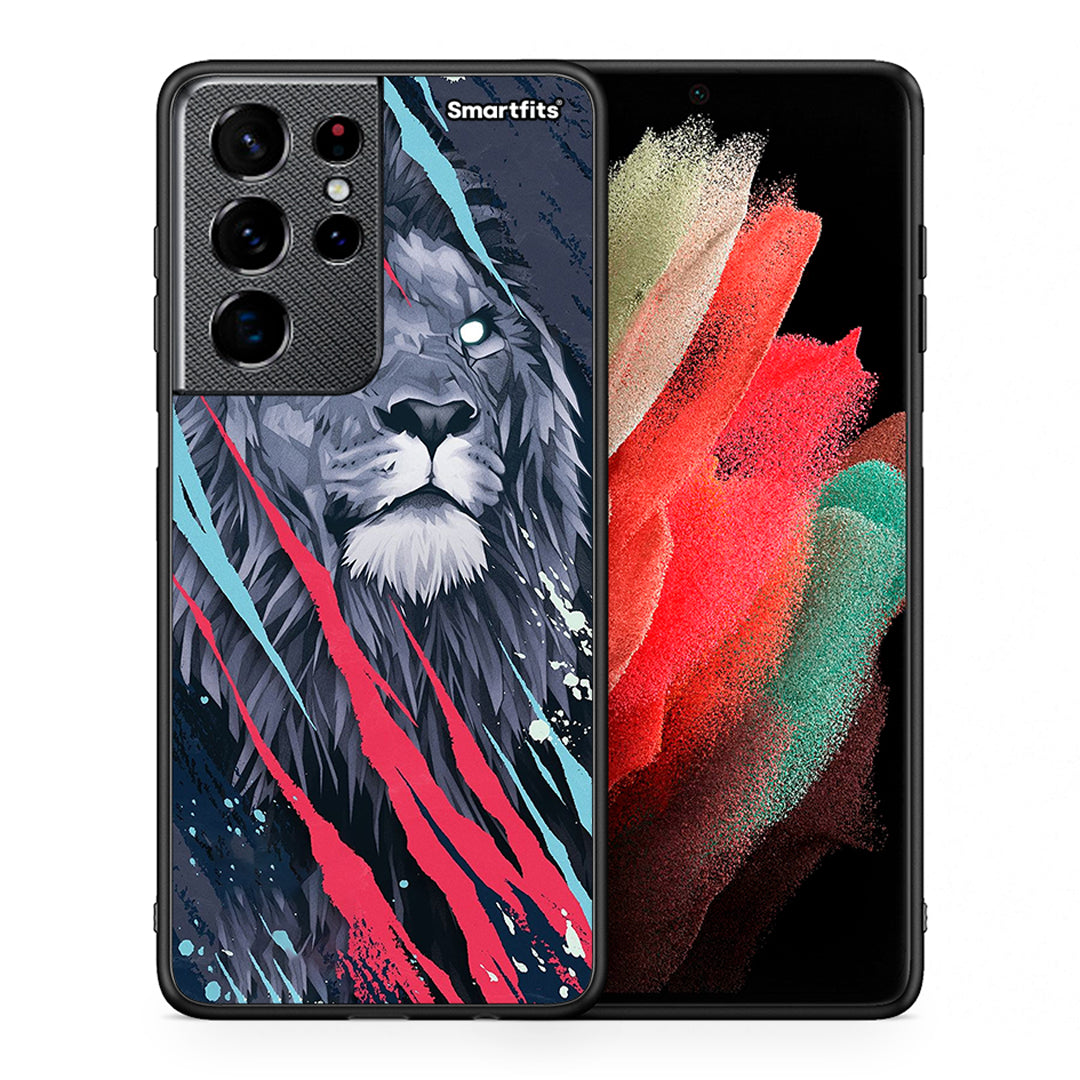 Θήκη Samsung S21 Ultra Lion Designer PopArt από τη Smartfits με σχέδιο στο πίσω μέρος και μαύρο περίβλημα | Samsung S21 Ultra Lion Designer PopArt case with colorful back and black bezels