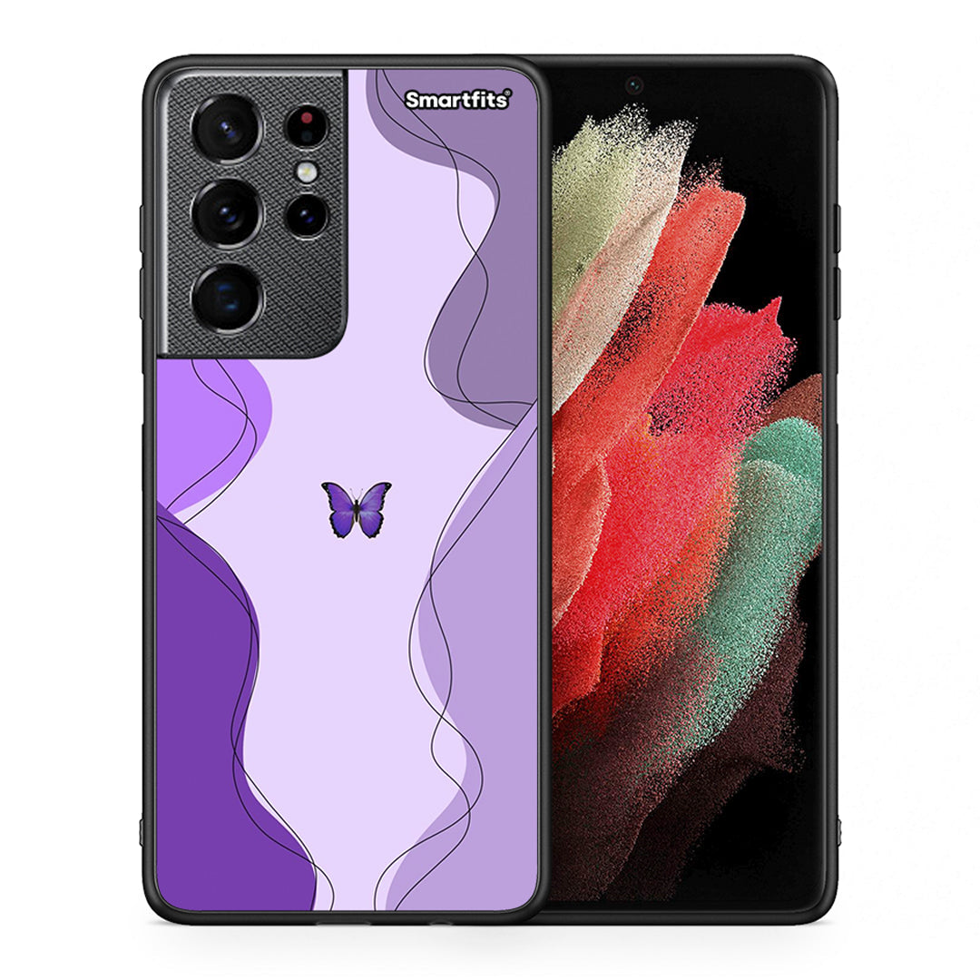Θήκη Αγίου Βαλεντίνου Samsung S21 Ultra Purple Mariposa από τη Smartfits με σχέδιο στο πίσω μέρος και μαύρο περίβλημα | Samsung S21 Ultra Purple Mariposa case with colorful back and black bezels