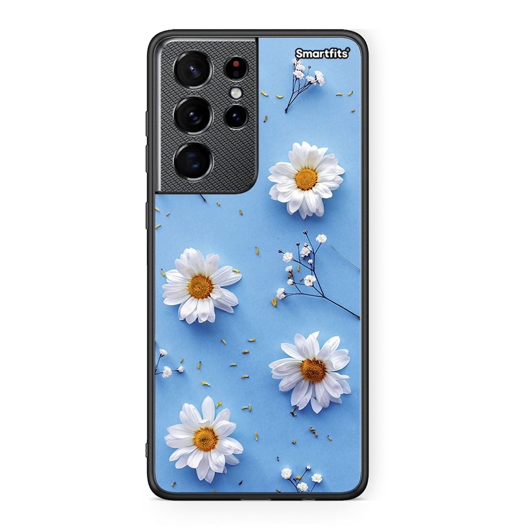 Samsung S21 Ultra Real Daisies θήκη από τη Smartfits με σχέδιο στο πίσω μέρος και μαύρο περίβλημα | Smartphone case with colorful back and black bezels by Smartfits