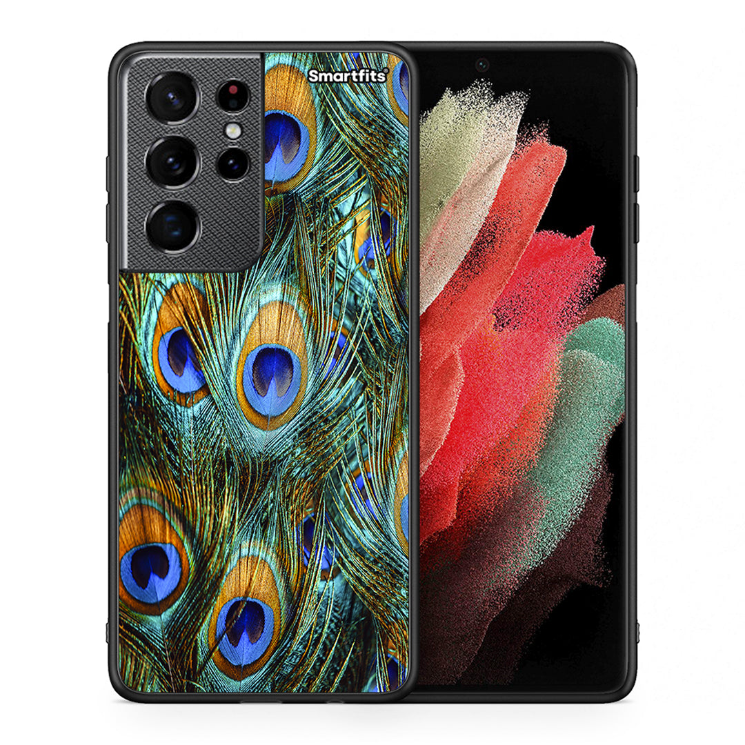 Θήκη Samsung S21 Ultra Real Peacock Feathers από τη Smartfits με σχέδιο στο πίσω μέρος και μαύρο περίβλημα | Samsung S21 Ultra Real Peacock Feathers case with colorful back and black bezels