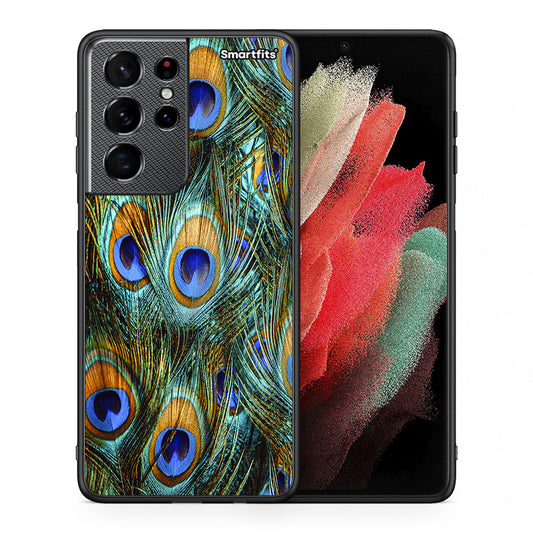 Θήκη Samsung S21 Ultra Real Peacock Feathers από τη Smartfits με σχέδιο στο πίσω μέρος και μαύρο περίβλημα | Samsung S21 Ultra Real Peacock Feathers case with colorful back and black bezels