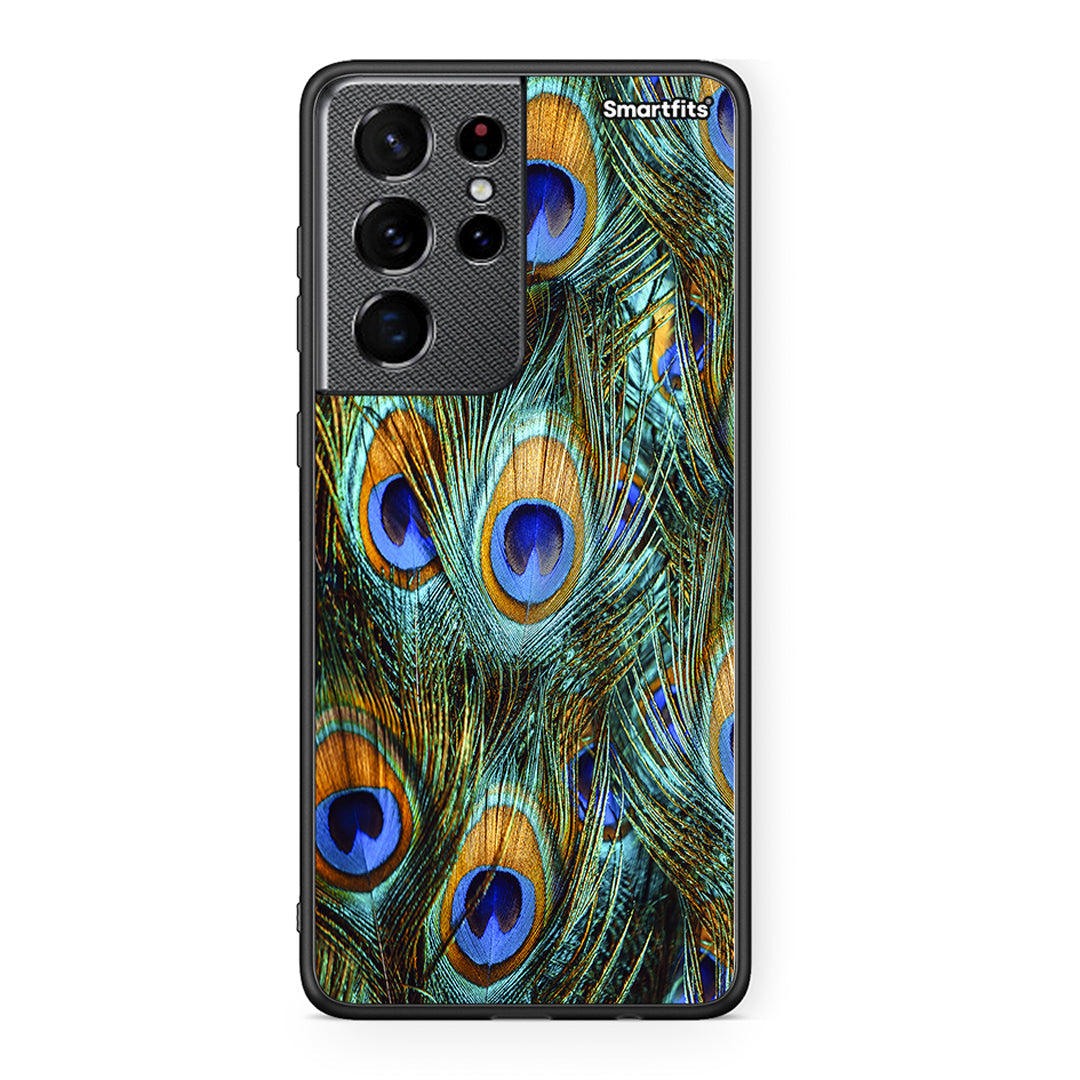 Samsung S21 Ultra Real Peacock Feathers θήκη από τη Smartfits με σχέδιο στο πίσω μέρος και μαύρο περίβλημα | Smartphone case with colorful back and black bezels by Smartfits