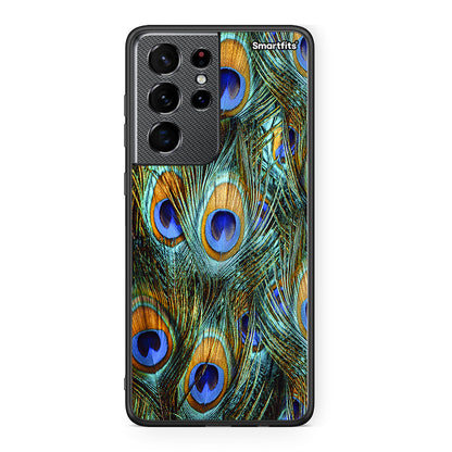 Samsung S21 Ultra Real Peacock Feathers θήκη από τη Smartfits με σχέδιο στο πίσω μέρος και μαύρο περίβλημα | Smartphone case with colorful back and black bezels by Smartfits