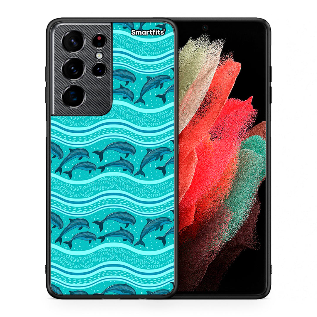 Θήκη Samsung S21 Ultra Swimming Dolphins από τη Smartfits με σχέδιο στο πίσω μέρος και μαύρο περίβλημα | Samsung S21 Ultra Swimming Dolphins case with colorful back and black bezels