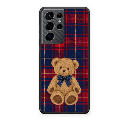 Θήκη Samsung Galaxy S21 Ultra Teddy Bear on Red and Navy Tartan από τη Smartfits με σχέδιο στο πίσω μέρος και μαύρο περίβλημα | Samsung Galaxy S21 Ultra Teddy Bear on Red and Navy Tartan case with colorful back and black bezels