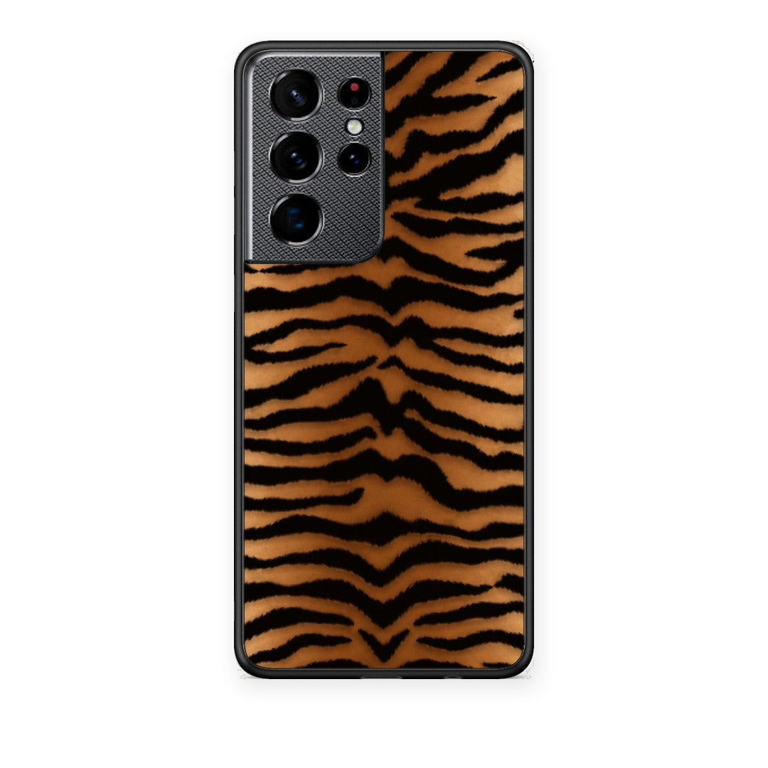 Θήκη Samsung Galaxy S21 Ultra Tiger Print Orange and Black από τη Smartfits με σχέδιο στο πίσω μέρος και μαύρο περίβλημα | Samsung Galaxy S21 Ultra Tiger Print Orange and Black case with colorful back and black bezels